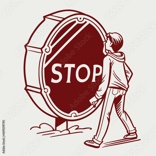 Boy Ignoring Stop Sign, Defiance and Disregard for Rules.