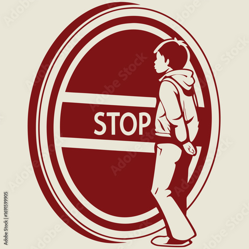 Boy Hesitates Before Large Stop Sign.