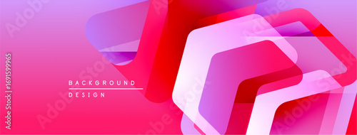 Abstract geometric shapes overlap, creating vibrant pink, purple gradients. Modern design suggests digital art, dynamic composition.