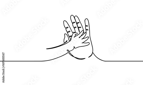 Mother hand holds her child hand continuous line