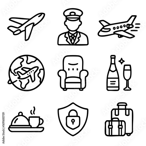 A set of doodle line icons showing airplanes, pilots, luggage, seats, food, drink, and features related to air travel and flight experience