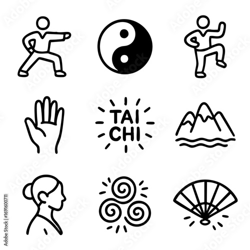 A set of doodle line icons representing tai chi movements, balance symbols, hand gestures, nature elements, and traditional mindfulness tools