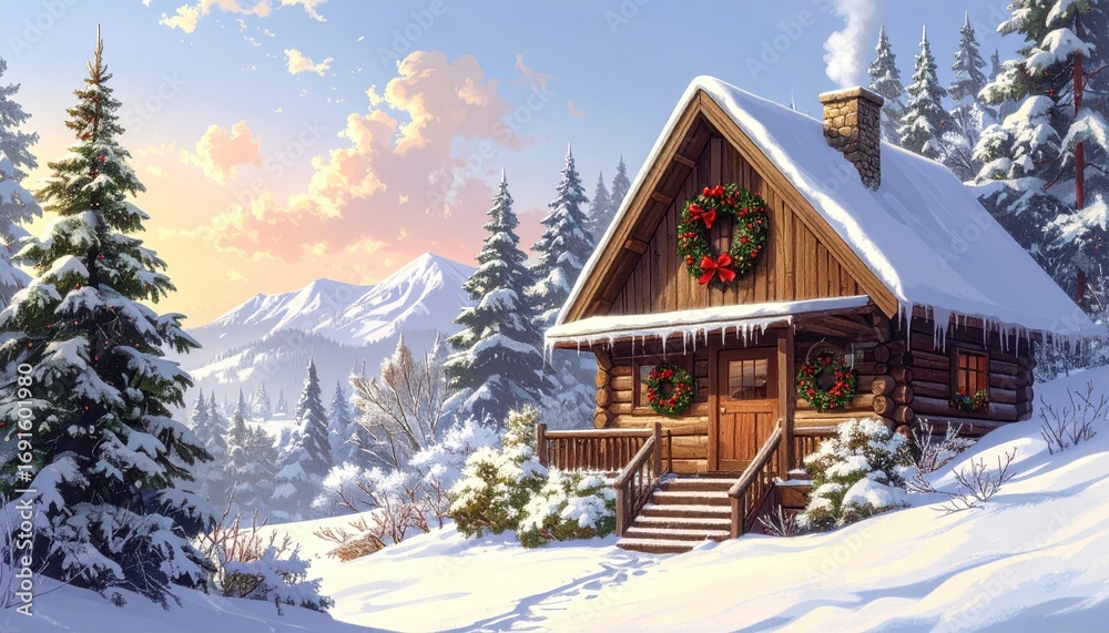 Fototapeta premium A charming log cabin nestled in a snowy forest, adorned with Christmas wreaths, under a beautiful sunrise.