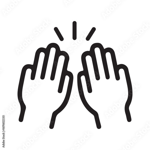 A simple graphic depicts two hands raised in a high five gesture with radiating lines above them in black