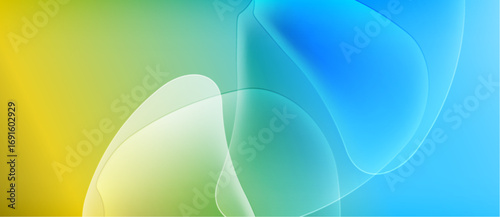 Abstract gradients blend yellow, green, blue hues. Soft shapes overlap creating luminous effect. Smooth transitions dominate composition.