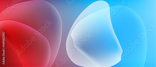 Abstract fluid shapes blend red, purple, blue hues. Soft gradients create smooth transitions, visually appealing composition.