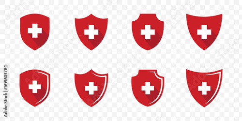 Medical shield, health protection icon set with shadow. Healthy badge sign symbol