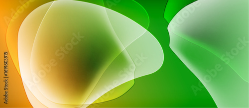 Abstract shapes blend, creating soft gradients. Colors range from orange, yellow, to vibrant green. Smooth transitions define fluid forms.