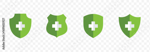 Medical shield, health protection icon set with shadow. Healthy badge sign symbol