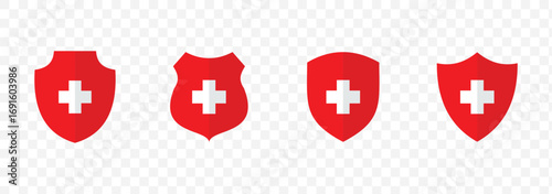 Medical shield, health protection icon set with shadow. Healthy badge sign symbol