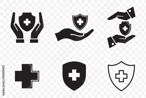 Medical insurance protection icon set. Healthcare safety icons, security shield with cross, and hand care symbol. Black and outlined vector illustration for hospital, health services.