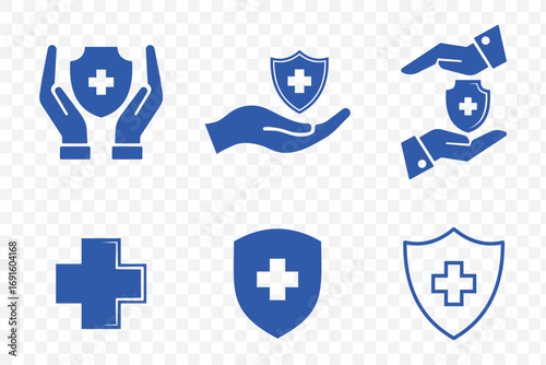 Medical insurance protection icon set. Healthcare safety icons, security shield with cross, and hand care symbol. Black and outlined vector illustration for hospital, health services.
