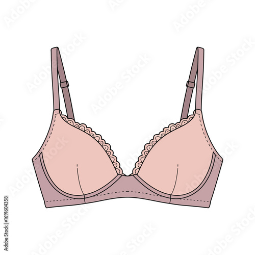 Dusty Rose Lace Trim PushUp Bra Lingerie Fashion Illustration Womens Undergarment Design