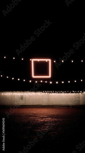 A glowing square and string lights at night over a wall, reflecting in the ground. The square's red hue contrasts with the small warm lights