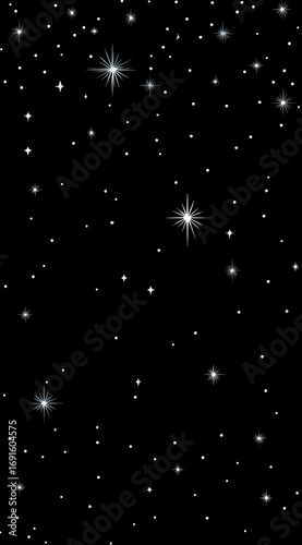 A black backdrop densely sprinkled with glimmering, silver-white stars of varying sizes and brightness, some featuring a distinct radiant glow