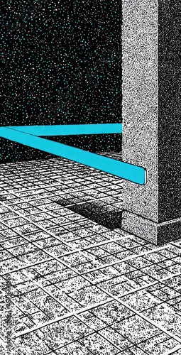 Abstract geometric space with textured grey brick floor, dark speckled background, and a bright blue horizontal bar intersecting a pillar
