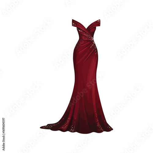 Elegant Maroon Mermaid Gown with OfftheShoulder Neckline and Gold Embellishments