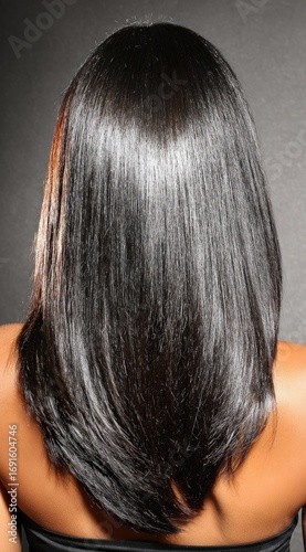 Back view of a person with shiny, straight, black hair. Silhouetted shoulders against a dark grey background. Hair is smooth