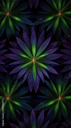 Symmetrical, abstract floral arrangement with gradient purple-blue petals and vibrant green accents against a dark background