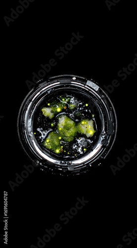 Top-down view of a transparent container holding dark liquid with bright green and yellow elements scattered within, set against a solid black backdrop