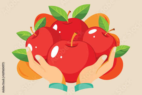 Illustration of hands holding glossy red apples with green leaves on a beige background—symbolizing freshness, natural health, and clean nutrition in a minimalist style.