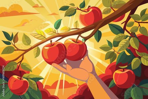 Illustration of a hand reaching for ripe apples on a sunlit tree branch—vivid colors and foliage evoke themes of harvest, nature’s bounty, and fresh organic produce.