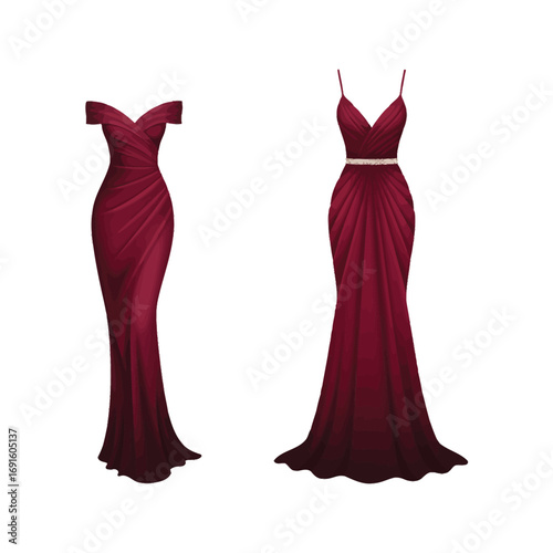 Two Elegant Burgundy Evening Gowns OffShoulder  Strapless Maxi Dresses