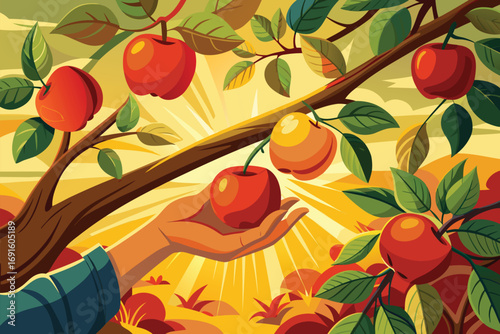 A vibrant illustration depicting a hand reaching for bright apples hanging from a tree branch, lit by golden sunlight, symbolizing abundance, nature, and agriculture.