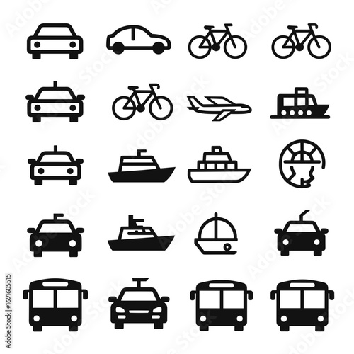 Transportation icons set car bicycle airplane ship bus taxi public transport vehicle travel vector design 100