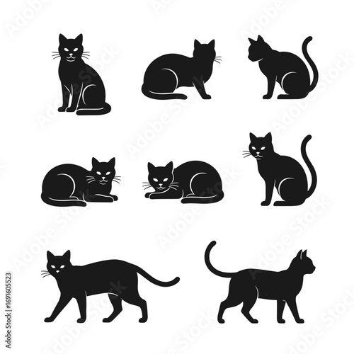 Black cat silhouette vector illustration set adorable domestic feline pets in various poses and positions