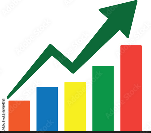 Upward trending bar chart with green arrow showing growth