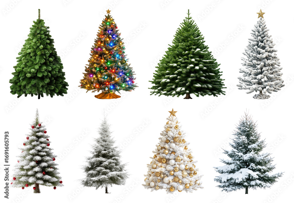 Obraz premium PNG Diverse festive Christmas trees, element set on transparent background