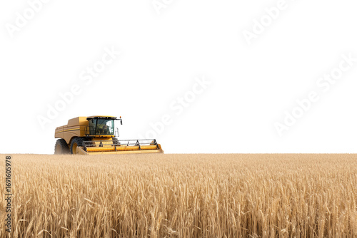 A combine harvester working in a golden wheat field against a white isolated background.