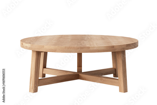 A modern wooden coffee table with a round top and unique support, perfect for contemporary living spaces.