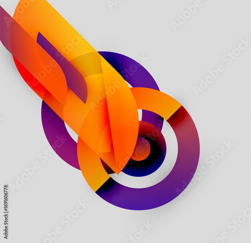 Abstract design features vibrant orange, purple gradients. Circular shapes intertwine, creating dynamic visual impact. Modern, sleek aesthetic.
