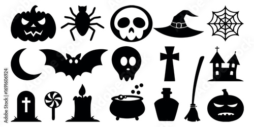 Halloween angry pumpkin silhouette, spooky black jack o lantern face illustration