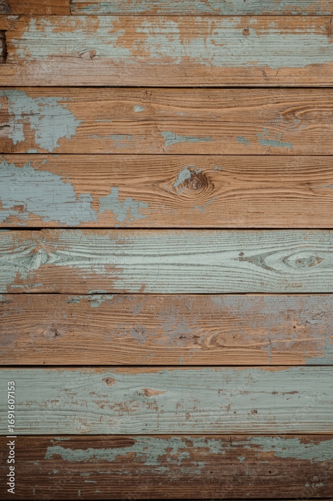 Fototapeta premium A weathered wooden plank surface displays horizontal lines of light brown wood with faded, mottled, and peeling light teal paint.
