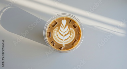 Refreshing Iced Coffee with Latte Art and Sunlight Shadows