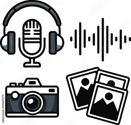 Creative Photo Podcast Vector Icons Microphone, Headphones, Camera, Photos, and Podcast Waves Line Art Collection