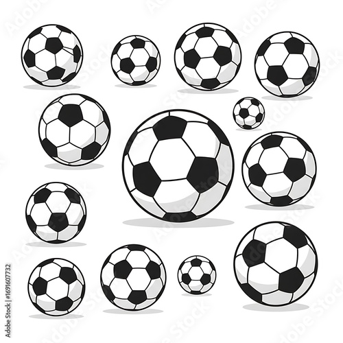 Collection of soccer balls in various sizes, displayed against a plain white background.