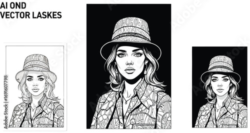 Three framed black and white portraits of a woman wearing a hat and patterned shirt in vector format