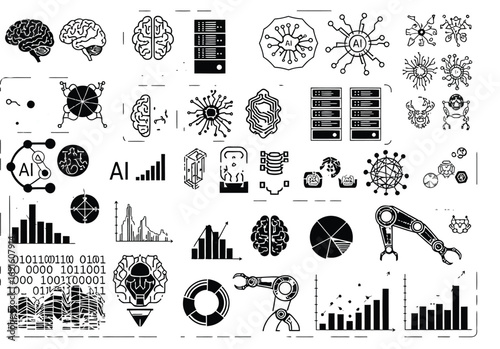 A white background with a collection of ai and technology related icons in black and white style art