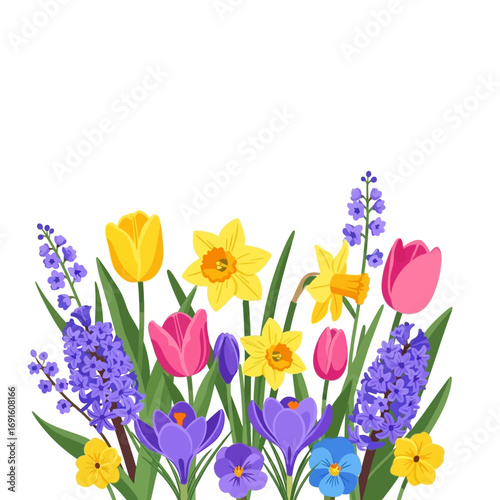 Colorful Spring Flowers Arrangement on White Background