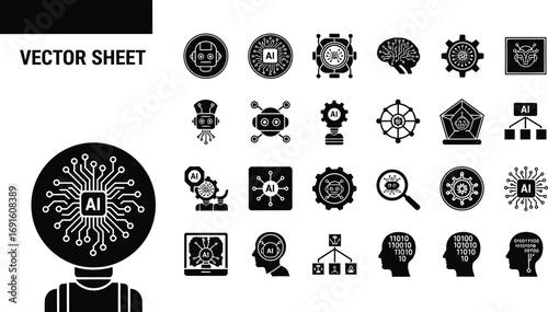 A vector sheet featuring various ai related icons in black and white on a white background
