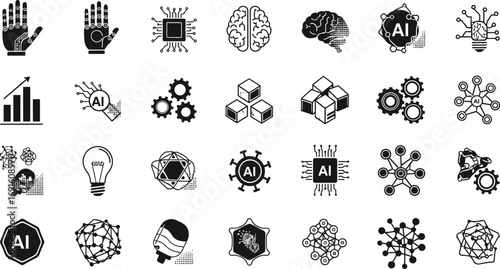 Black and white ai icons depicting artificial intelligence and related concepts on a white background