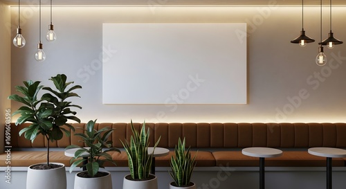 Modern minimalist cafe interior with blank canvas for art or advertising