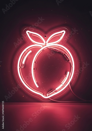 Illuminated peach fruit outline with red neon glow against a dark backdrop creating a vibrant display