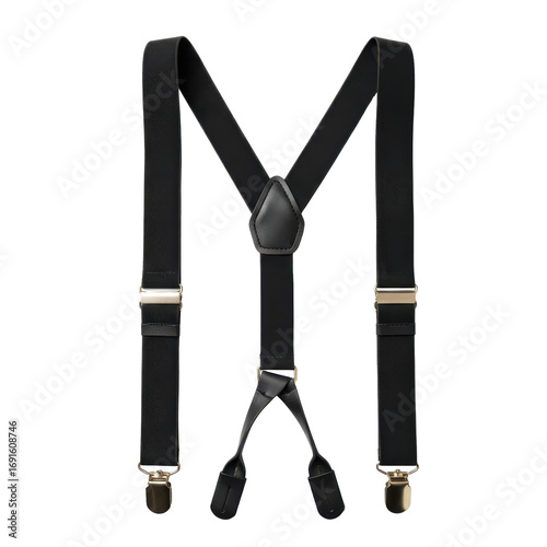Classic black suspenders with gold accents, isolated on white background