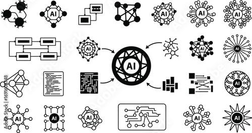 Collection of ai related icons including neural networks algorithms and data structures in black and white