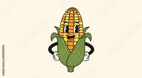 Happy Corn Cartoon Character Illustration Retro Style